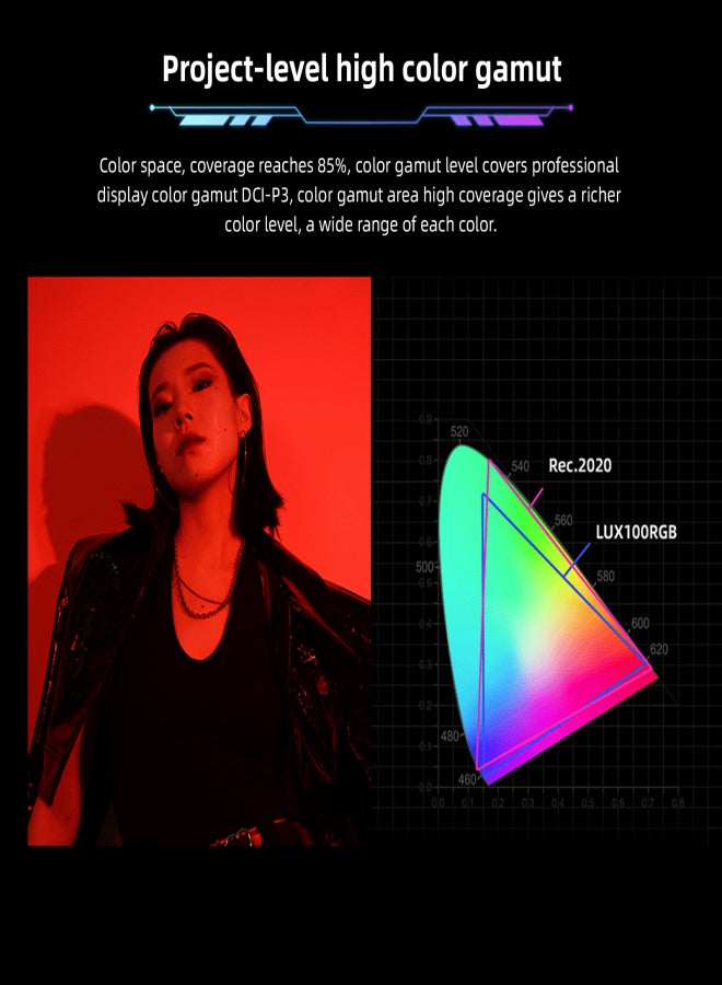 يونجنيو ضوء تصوير YONGNUO YNLUX100RGB ثنائي اللون بقوة 120 واط، ضوء فيديو RGB كامل الألوان، 2000 كلفن - 10000 كلفن، قابل للتعتيم، مؤشر تجسيد اللون ≥ 96، مع حامل Bowens القياسي، 30 تأثيرًا للمشهد الضوئي، نظام لاسلكي 2.4 جيجاهرتز، يدعم تقنية BT - Image 5